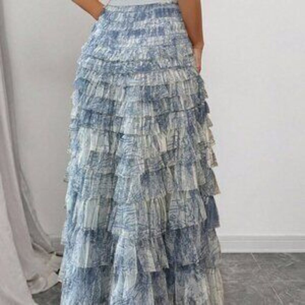 Dusty Blue Boho Women's Romantic Holiday Style Ditsy Floral Mesh Skirt - Picture 2 of 3